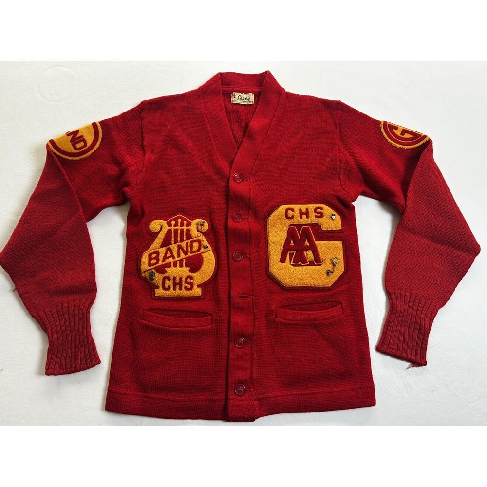 Vintage 1954 Illinois High School‎ Band Button Down Sweater With Patches & Pins